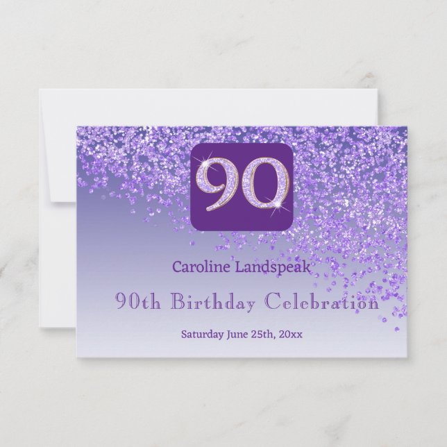 Chic 90 Birthday Purple Glitter RSVP Card (Front)