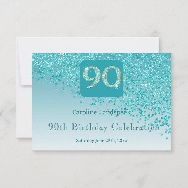 Chic 90 Birthday Teal Blue Glitter RSVP (Front)