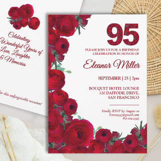 Chic 95th Birthday - Bold Red Floral Number 95 Invitation