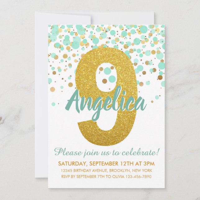 Chic 9th Birthday Mint Green Gold Glitter Confetti Invitation (Front)