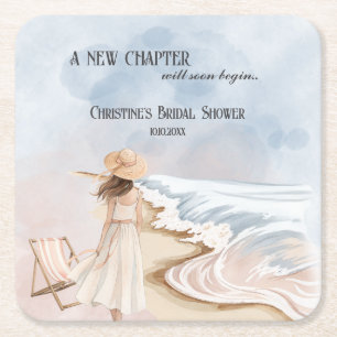 Chic 'A New Chapter' Beach and Waves Bridal Shower Square Paper Coaster
