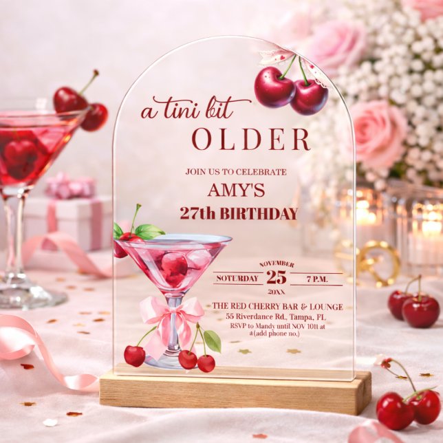 Chic A Tini Bit Older Cherry Martini 27th Birthday Acrylic Invitations (Creator Uploaded)