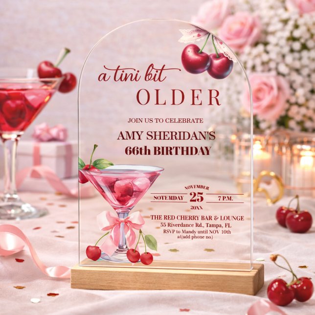 Chic A Tini Bit Older Cherry Martini 66th Birthday Acrylic Invitations (Creator Uploaded)