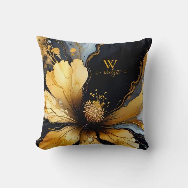 chic abstract black gold floral cushion (Front)