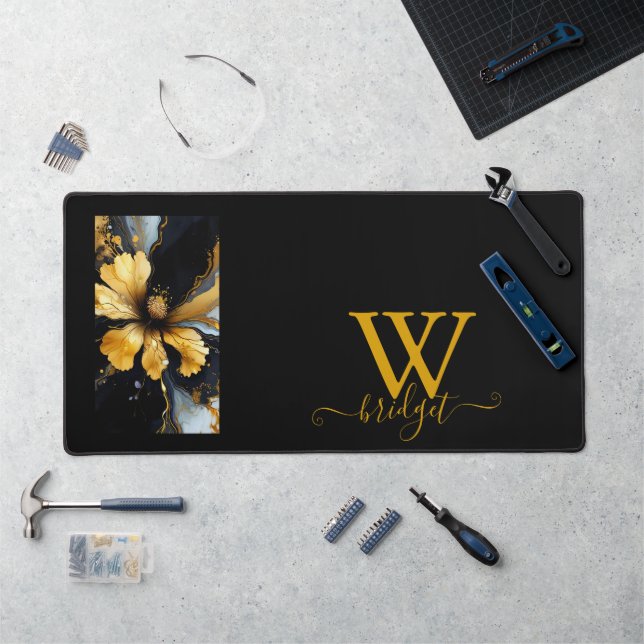 chic abstract black gold floral desk mat (Workstation)