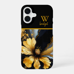 chic abstract black gold floral iPhone 16 case