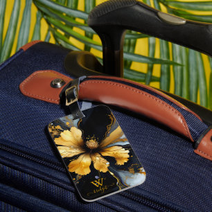 chic abstract black gold floral luggage tag