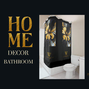 chic abstract black gold floral shower curtain