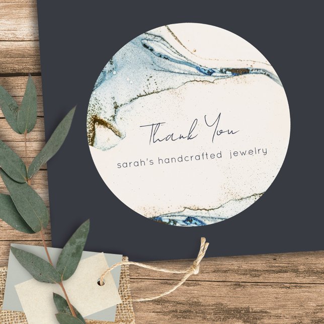 Chic Abstract Blue Gold Beachy Thank You For Order Classic Round Sticker (Creator Uploaded)