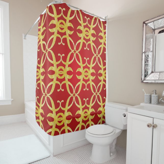 Chic abstract faux gold pattern on red shower curtain (In Situ)