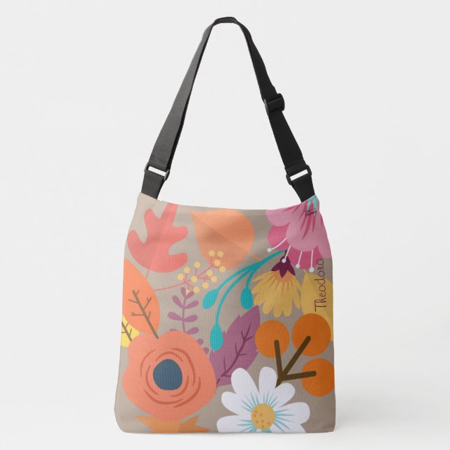 Chic Abstract Gold Leaf Colourful Flower Crossbody Bag (Front)