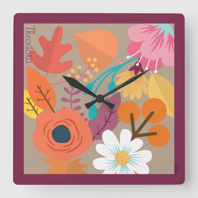 Chic Abstract Gold Leaf Colourful Flower Square Wall Clock (Front)