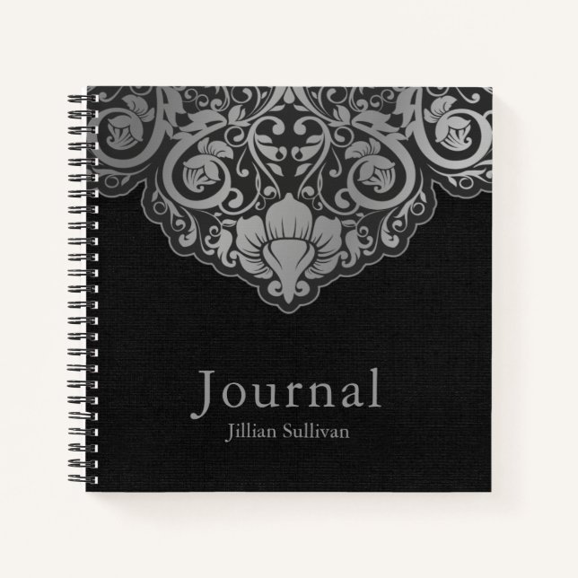 Chic Abstract Grey On Black Swirls Notebook (Front)