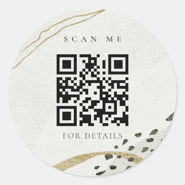 Chic Abstract Ivory Gold Black Grey Stone QR Code Classic Round Sticker (Front)