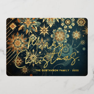Chic Abstract Teal Blue Snowflake Floral Art Gold