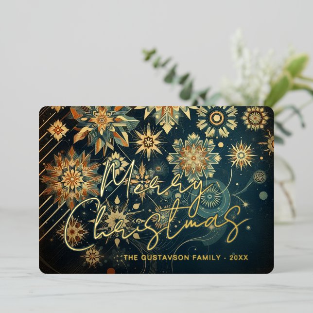 Chic Abstract Teal Blue Snowflake Floral Art Gold (Standing Front)
