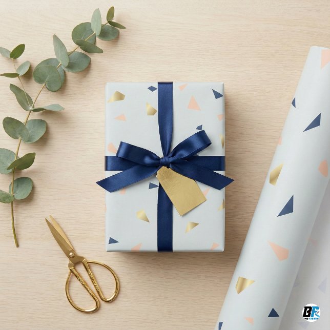 Chic Abstract Terrazzo Faux Gold Foil & Navy Blue  Wrapping Paper (Creator Uploaded)