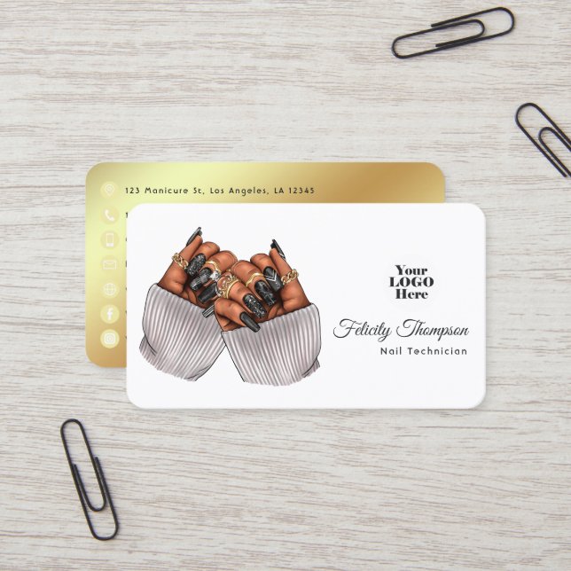 Chic African American Nail Salon Branding Design Business Card (Front/Back In Situ)