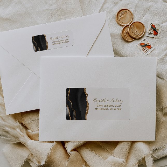 Chic Agate Black Gold Wedding Return Address (Creator Uploaded)