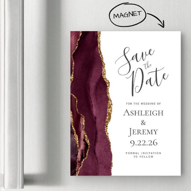 Chic Agate Burgundy Gold Magnetic Save the Date (Creator Uploaded)