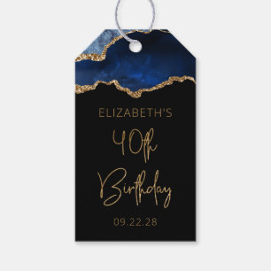 Chic Agate Geode Blue Gold 40th Birthday Party Gift Tags