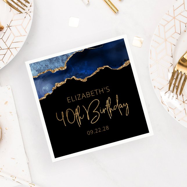 Chic Agate Geode Blue Gold 40th Birthday Party Napkin (Creator Uploaded)