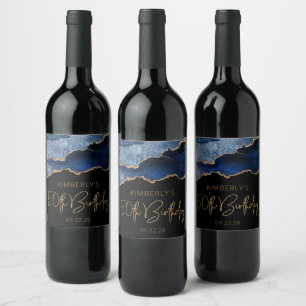 Chic Agate Geode Blue Gold 50th Birthday Party Wine Label