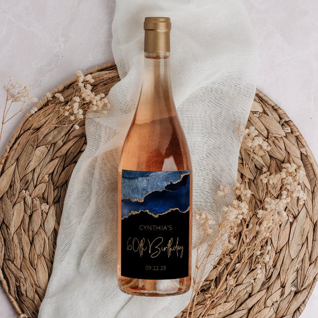 Chic Agate Geode Blue Gold 60th Birthday Party Wine Label (Creator Uploaded)