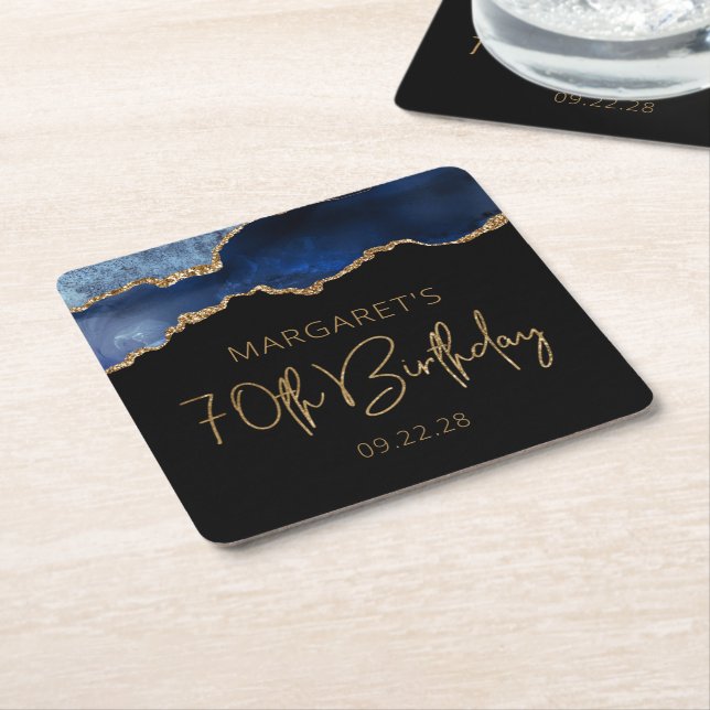 Chic Agate Geode Blue Gold 70th Birthday Party Square Paper Coaster (Angled)