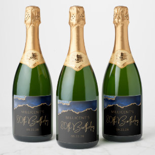 Chic Agate Geode Blue Gold 80th Birthday Party Sparkling Wine Label