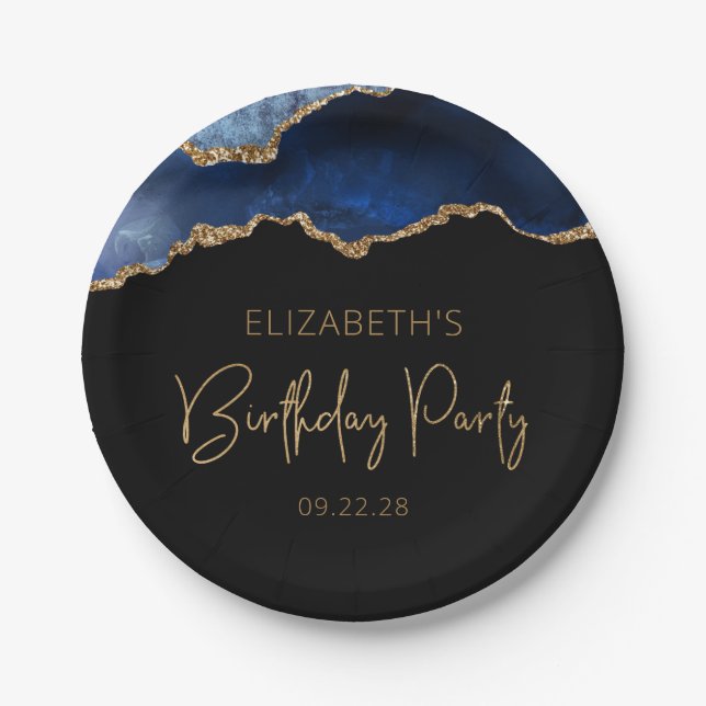 Chic Agate Geode Blue Gold Birthday Party Paper Plate (Front)