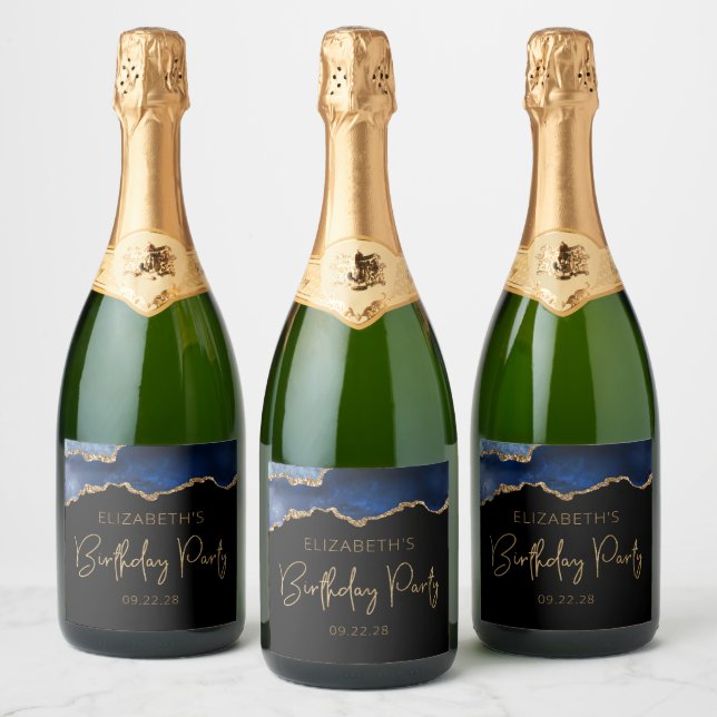 Chic Agate Geode Blue Gold Birthday Party Sparkling Wine Label (Bottles)