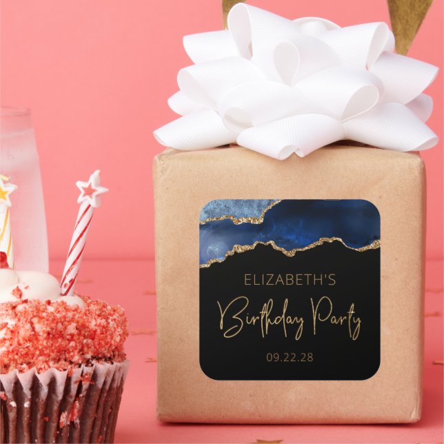 Chic Agate Geode Blue Gold Birthday Party Square Sticker (Party)