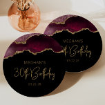 Chic Agate Geode Burgundy Gold 30th Birthday Party Paper Plate<br><div class="desc">These chic, glamourous 30th birthday party paper plates feature a watercolor image of an agate geode in shades of burgundy red with faux gold glitter highlights. The words "30th Birthday" appear in faux gold glitter in a decorative modern handwriting font. Customise it with the name of the honoree and the...</div>