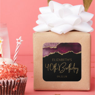 Chic Agate Geode Burgundy Gold 40th Birthday Party Square Sticker