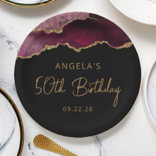 Chic Agate Geode Burgundy Gold 50th Birthday Party Paper Plate