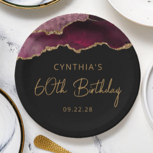 Chic Agate Geode Burgundy Gold 60th Birthday Party Paper Plate