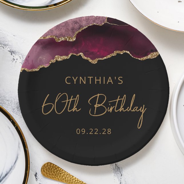 Chic Agate Geode Burgundy Gold 60th Birthday Party Paper Plate (Creator Uploaded)