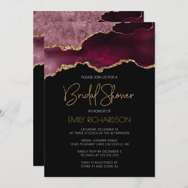 Chic Agate Geode Burgundy Gold Bridal Shower Invitation (Front/Back)