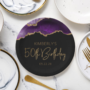 Chic Agate Geode Purple Gold 50th Birthday Party Paper Plate