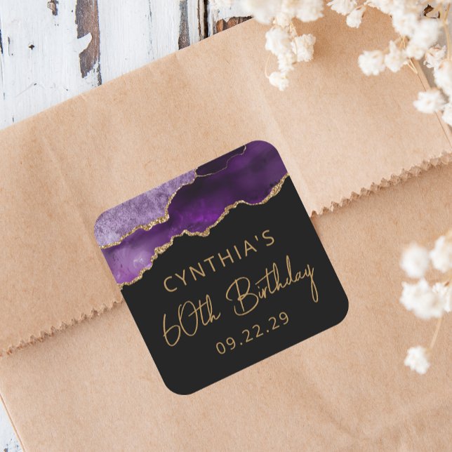 Chic Agate Geode Purple Gold 60th Birthday Party Square Sticker (Creator Uploaded)