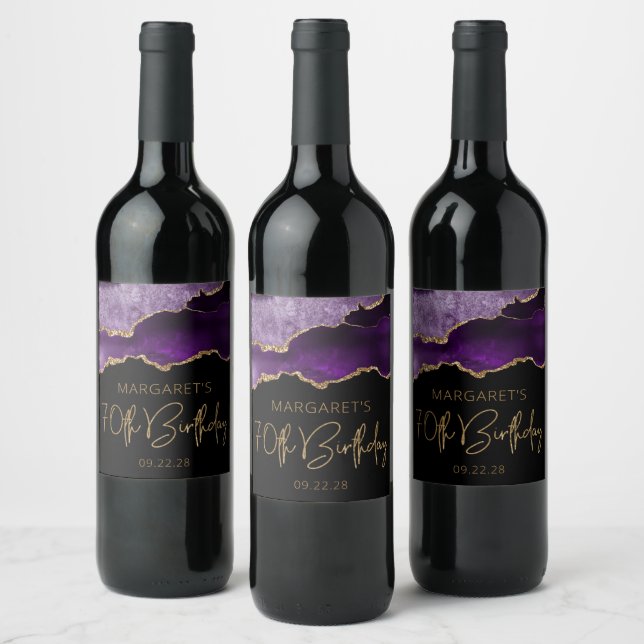 Chic Agate Geode Purple Gold 70th Birthday Party Wine Label (Bottles)