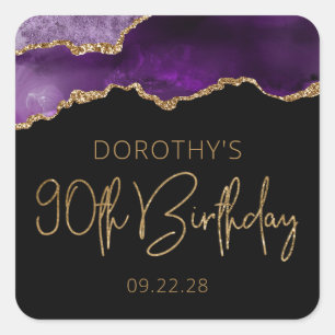 Chic Agate Geode Purple Gold 90th Birthday Party Square Sticker