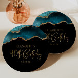 Chic Agate Geode Teal Gold 40th Birthday Party Paper Plate<br><div class="desc">These chic, glamourous 40th birthday party paper plates feature a watercolor image of an agate geode in shades of teal with faux gold glitter highlights. The words "40th Birthday" appear in faux gold glitter in a decorative modern handwriting font. Customise it with the name of the honoree and the date...</div>