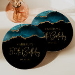 Chic Agate Geode Teal Gold 50th Birthday Party Paper Plate<br><div class="desc">These chic, glamourous 50th birthday party paper plates feature a watercolor image of an agate geode in shades of teal with faux gold glitter highlights. The words "50th Birthday" appear in faux gold glitter in a decorative modern handwriting font. Customise it with the name of the honoree and the date...</div>