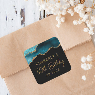 Chic Agate Geode Teal Gold 50th Birthday Party Square Sticker