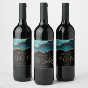 Chic Agate Geode Teal Gold 50th Birthday Party Wine Label