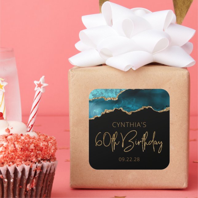 Chic Agate Geode Teal Gold 60th Birthday Party Square Sticker (Party)