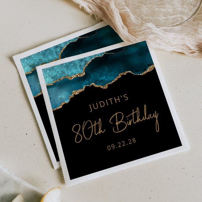 Chic Agate Geode Teal Gold 80th Birthday Party Napkin (Creator Uploaded)