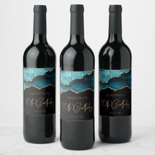 Chic Agate Geode Teal Gold 90th Birthday Party Wine Label
